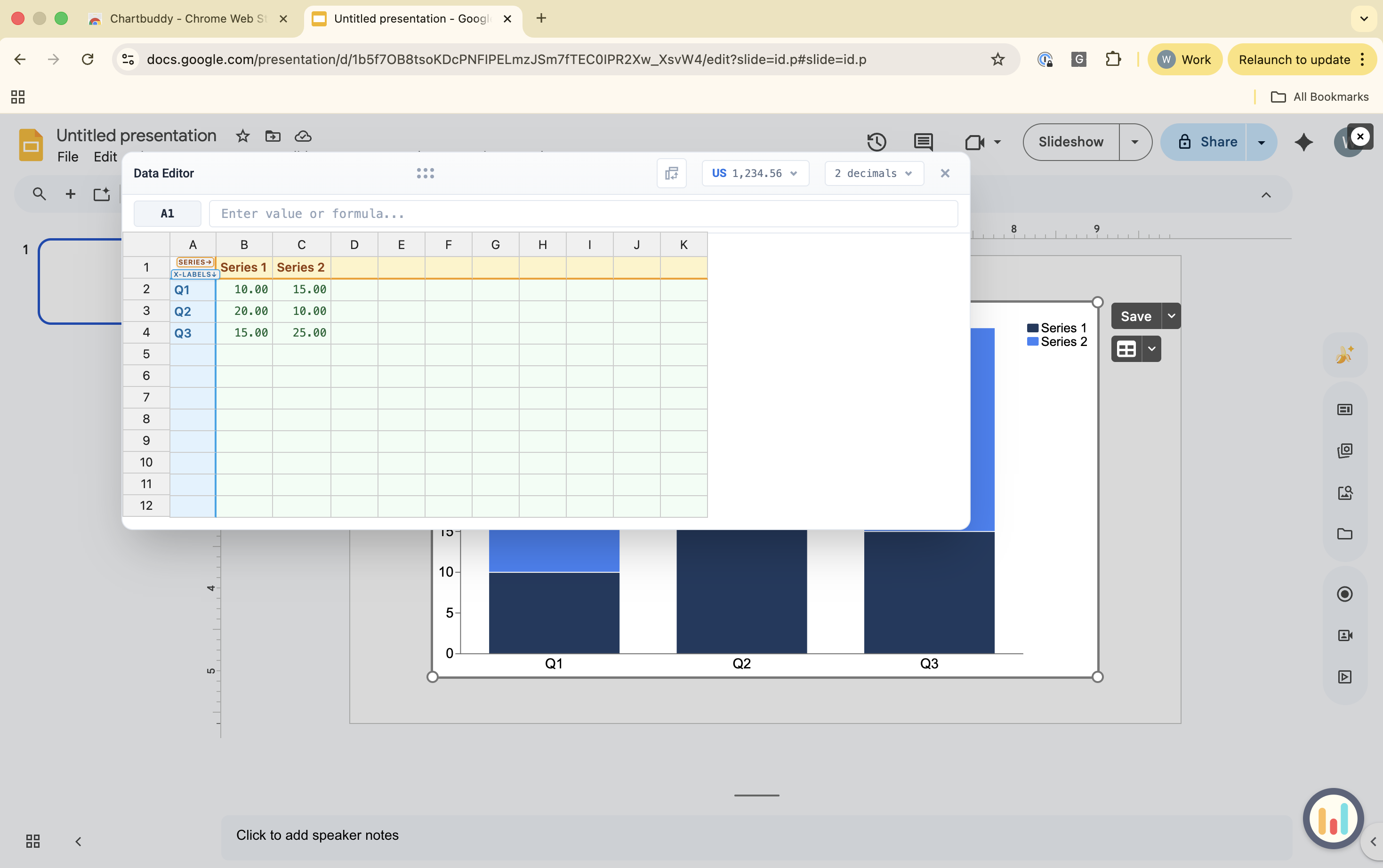 Data editor with sample data entered